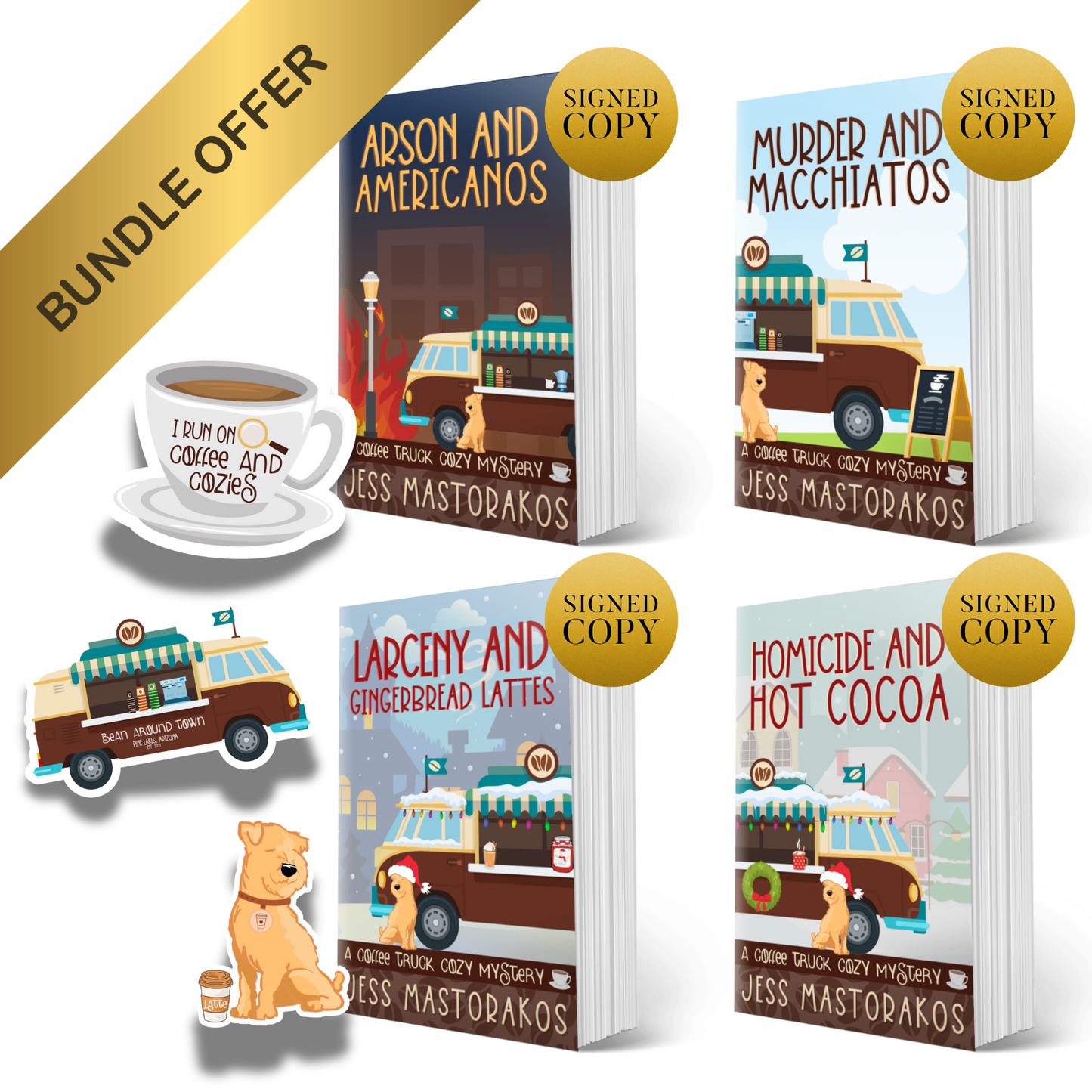 Coffee Truck Cozy Mysteries - Signed Paperback + Sticker Pack Bundle